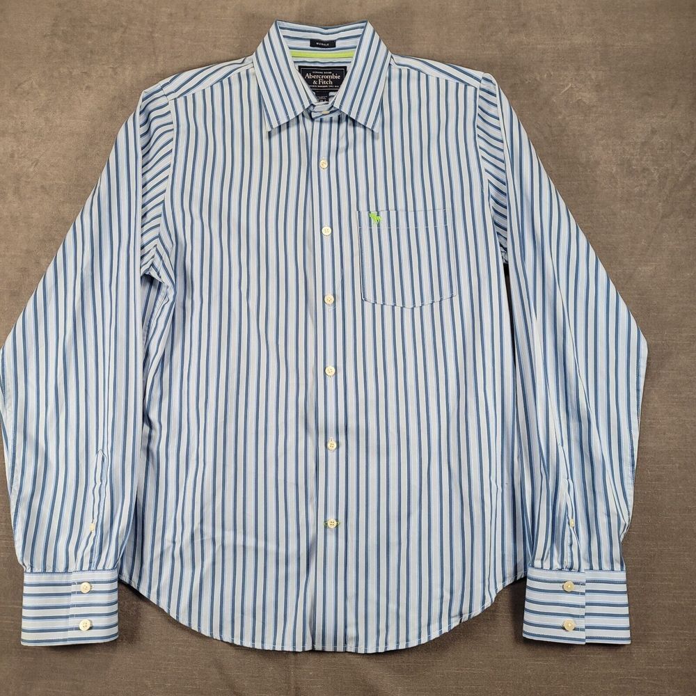 Abercrombie & Fitch Muscle Shirt Blue Stripe Long Sleeve Button Up Mens Size XL
